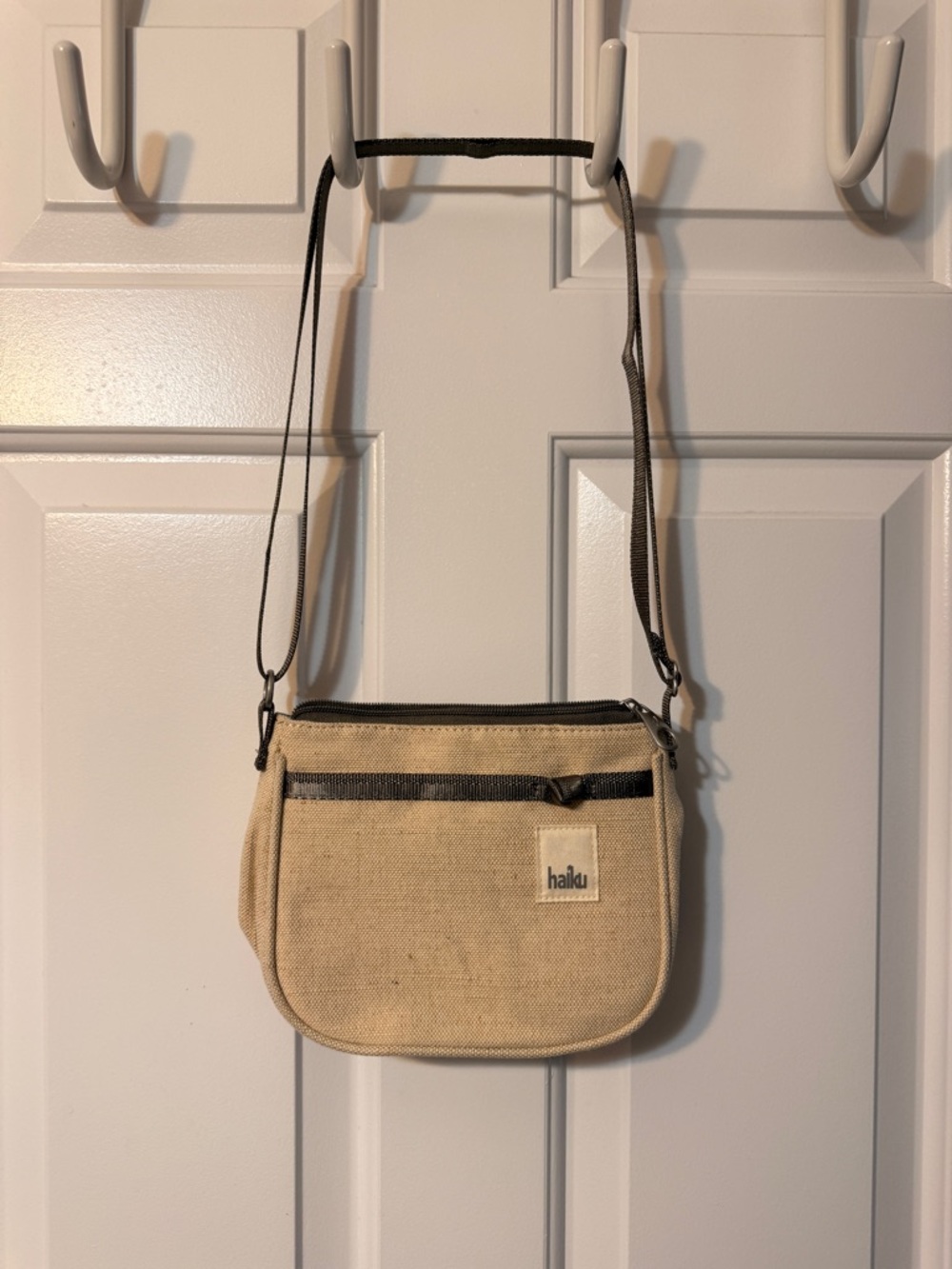 Haiku Beige Canvas Crossbody with Dark Brown Trim